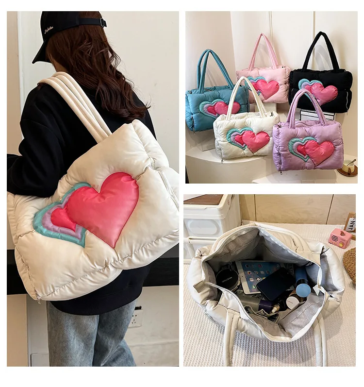 

Y2K Love Hearts Pattern Puffer Tote Bag Designer Padded Women Shoulder Bags Casual Nylon Handbags Large Capacity Winter Bag