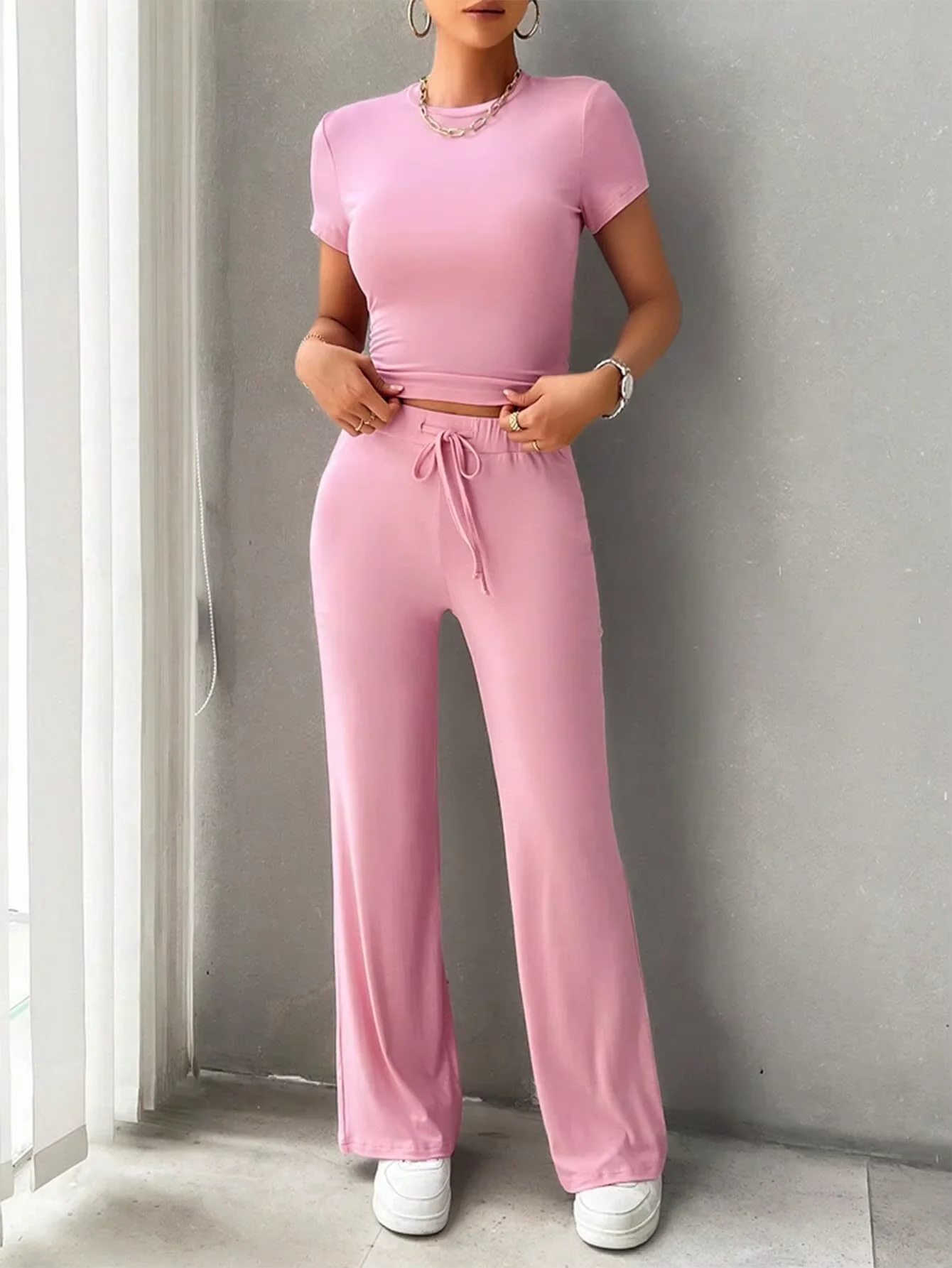 Women's European And American Casual Sports Suit Short Sleeved Top Long Pants Home Wear Comfortable Fashion Outfit