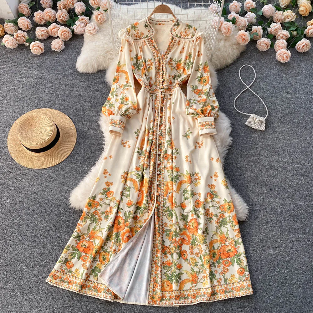 

Autumn New Women's Clothing Retro Style Floral Dress Court Style Fashionable Temperament Elegant Socialite Printed Long Skirt