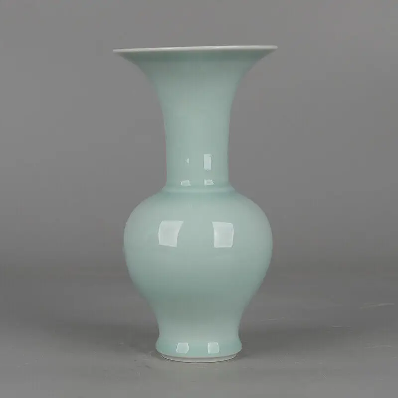 ChinaShadow Green Glaze Porcelain Hand Carving Plum Blossom Grain Flower Gu Vase