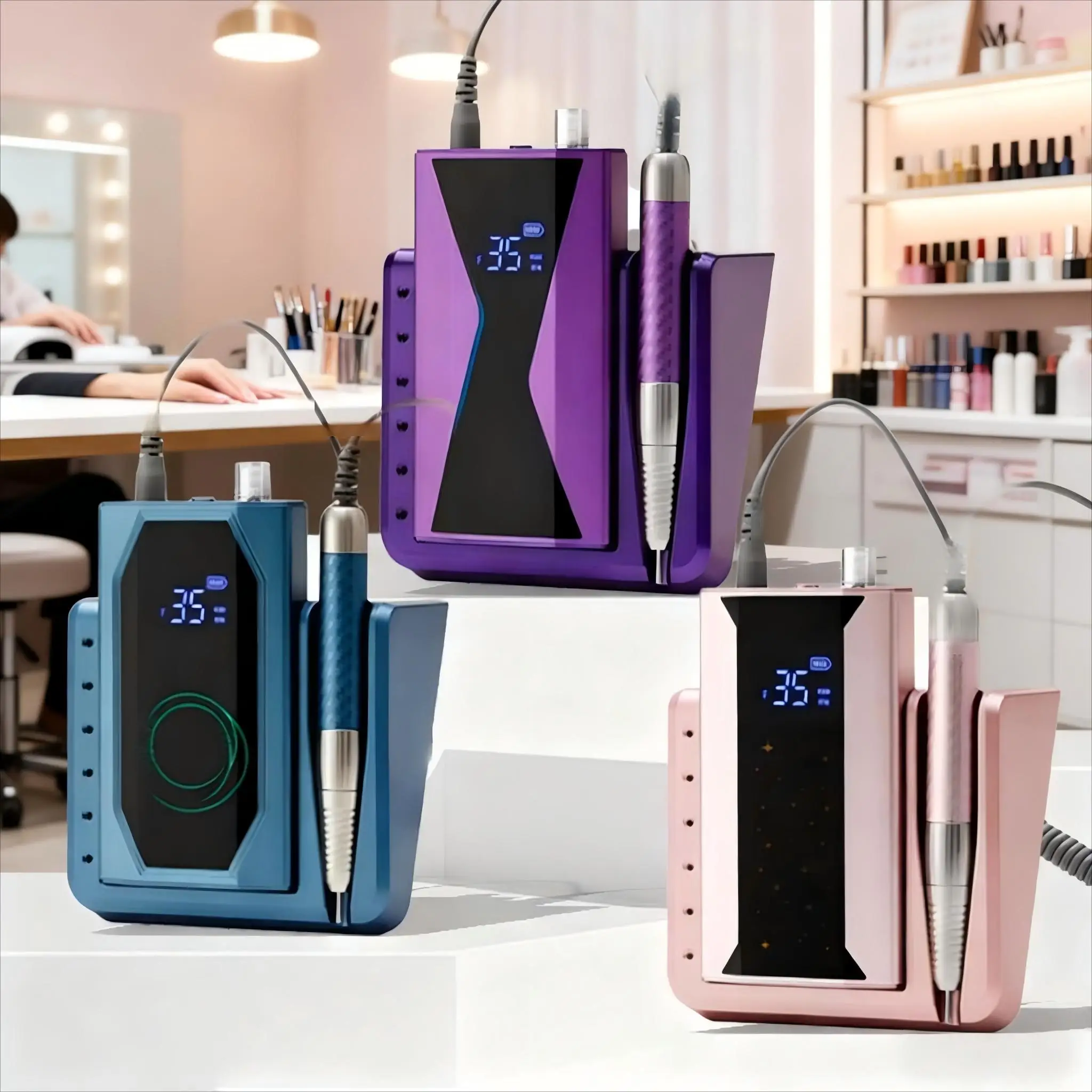 Leistungsstarker 85-W-Akku-Nagelbohrer ohne Bürsten, langlebiger Nagelbohrer mit 40.000 U/min und standmontiertem Nagellackfüller