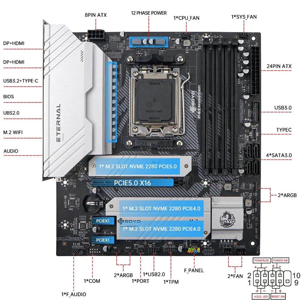 SOYO B650M ATX AMD Motherboard Ryzen AM5 DDR5 PCIE-16X5.0 SATA3.0 M.2 ARGB WIFI6 HDMI DP Type-C AUD10 PC Gamer Computer USB3.2