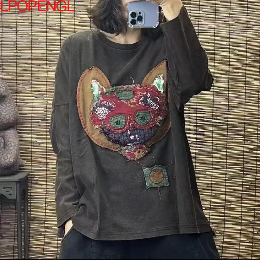 Woman 2024 Spring New Artistic Ethnic Style Vintage Distressed Loose Patchwork Long-sleeved Pullover Patch O-neck Sweatshirts