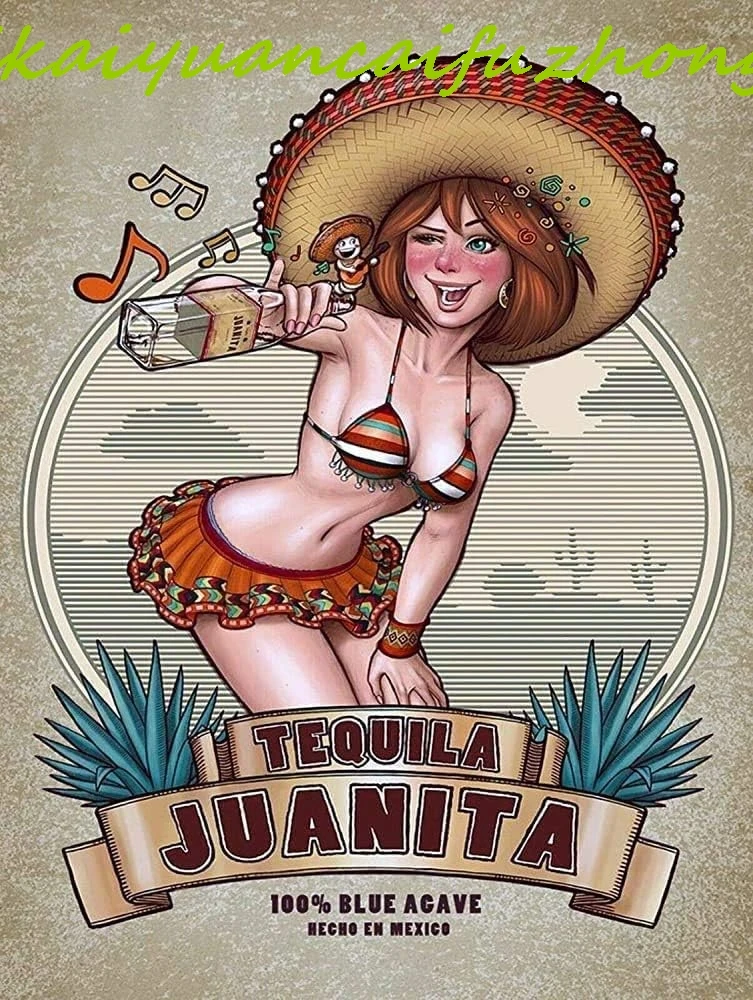 Vintage Metal Sign Tequila Pin Up Girl Retro Poster Plaque Tin Sign Wall Decor for Kitchen Bar Pub Farm House 16x12inch