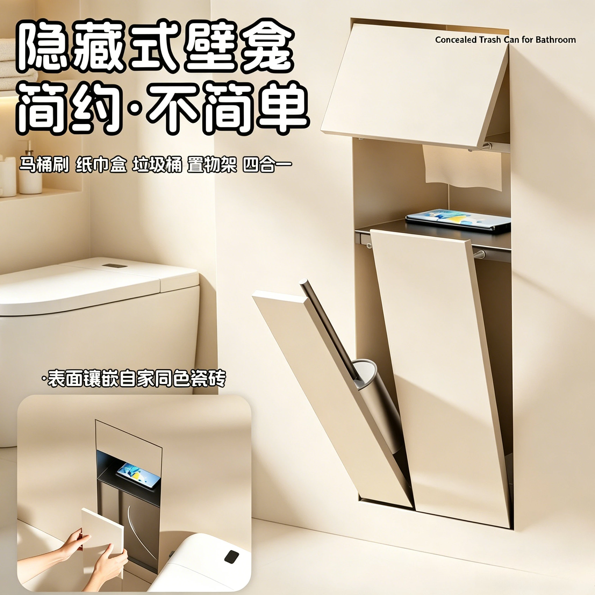 Stainless Steel Recessed Bathroom Niche with Built-in Trash Can, Tissue Box & Toilet Brush Holder, Wall Storage Cabinet