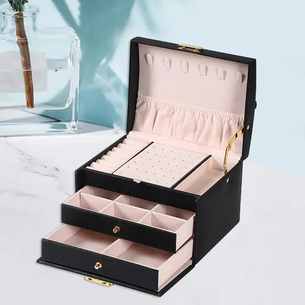 3 Layer Jewelry Box Removable Dividers Case 36 Ear Studs Waterproof Black