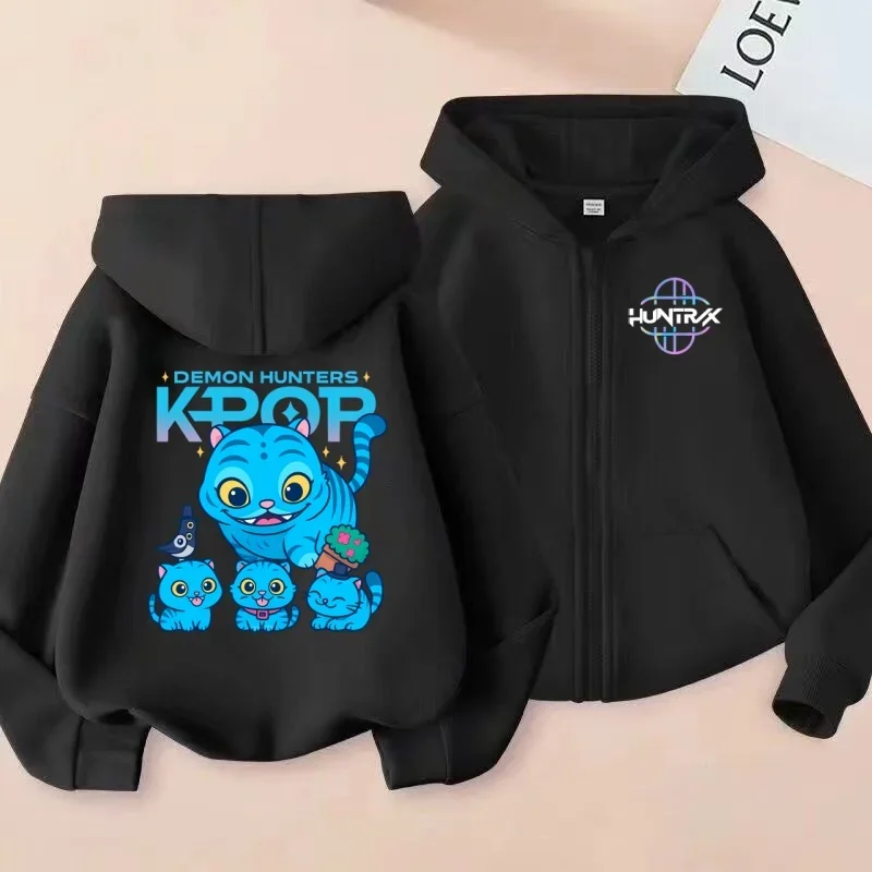 

K-POP Demon Hunters Cute Blue Cat Family Printed Children's Zipper Shirt Sweater, Fun Cartoon Hooded Zipper Jacket