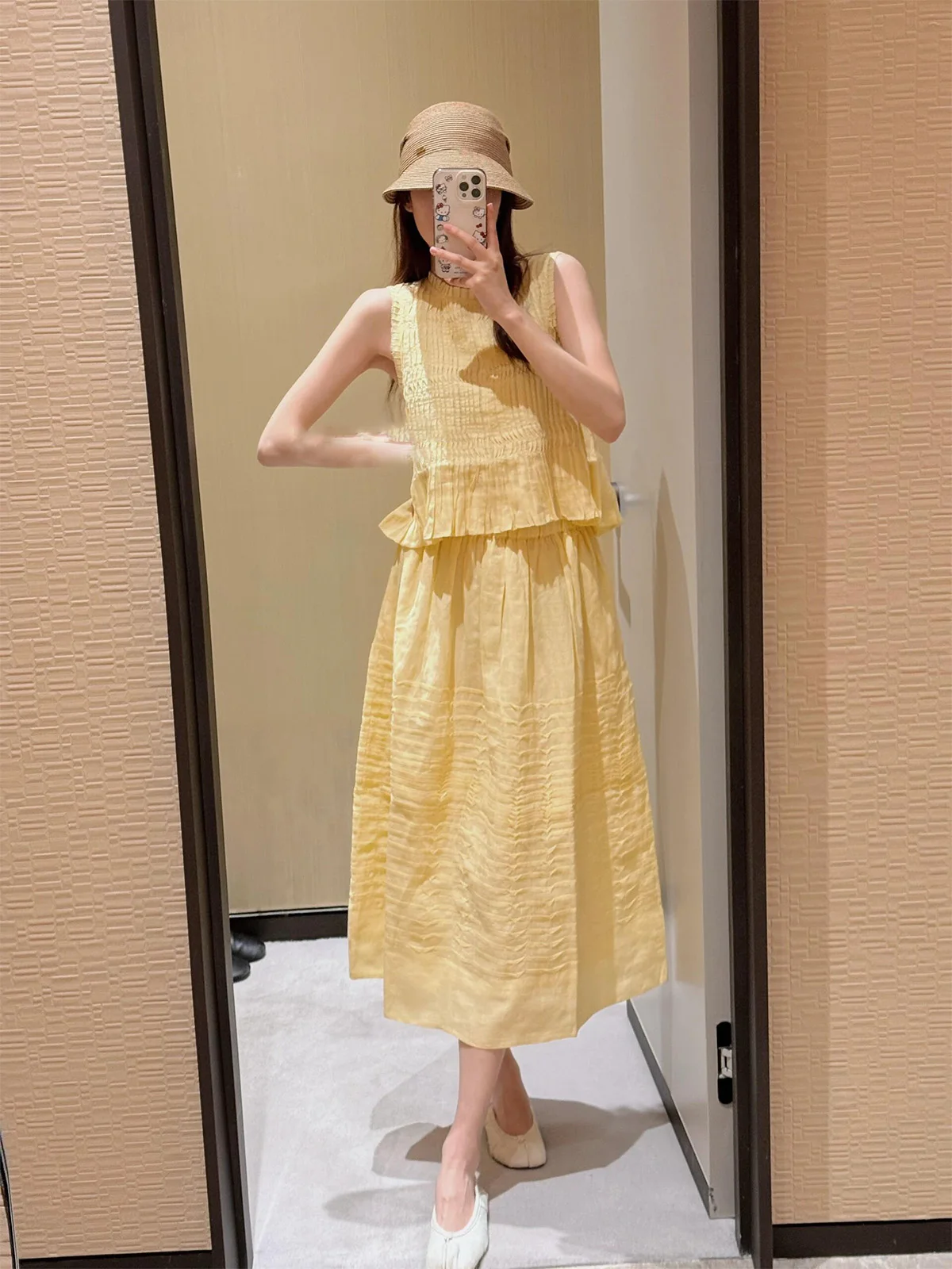 

Casual Cotton Linen Set Yellow Svel Strap Vest f Skirt Two Piece Set Simple Faion Personali Leisure Women's Suit