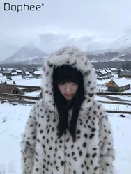 Retro Leopard Print Hooded Fur Coat Women 2025 New Fashion Warm Zipper Fluffy Jackets Casual Streetwear Female Clothing