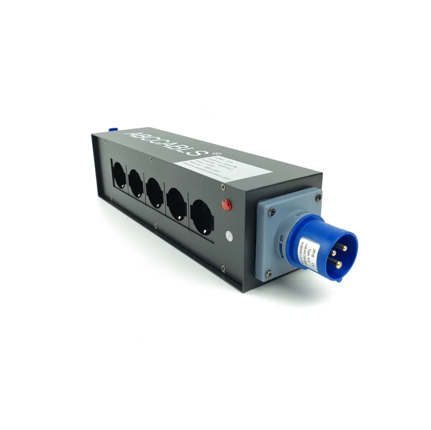 5-Outlet 16A Stage Power Distribution Box, CEE Plug In/Out to 5*Schuko Sockets, Portable Power Strip for Live Events