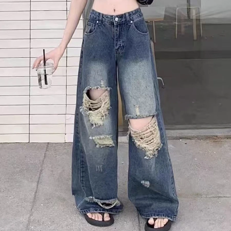 

Autumn Spring Casual Denim Pant Women Jeans Vintage Straight Trousers Fashion Female Blue Wide Leg Pants Hole Jeans