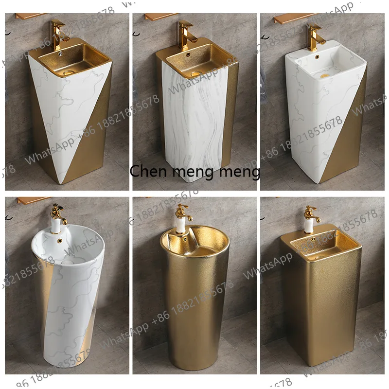 Gold pillar basin Floor-to-ceiling washbasin Frosted gold pillar basin One-piece one-piece column basin Electroplating