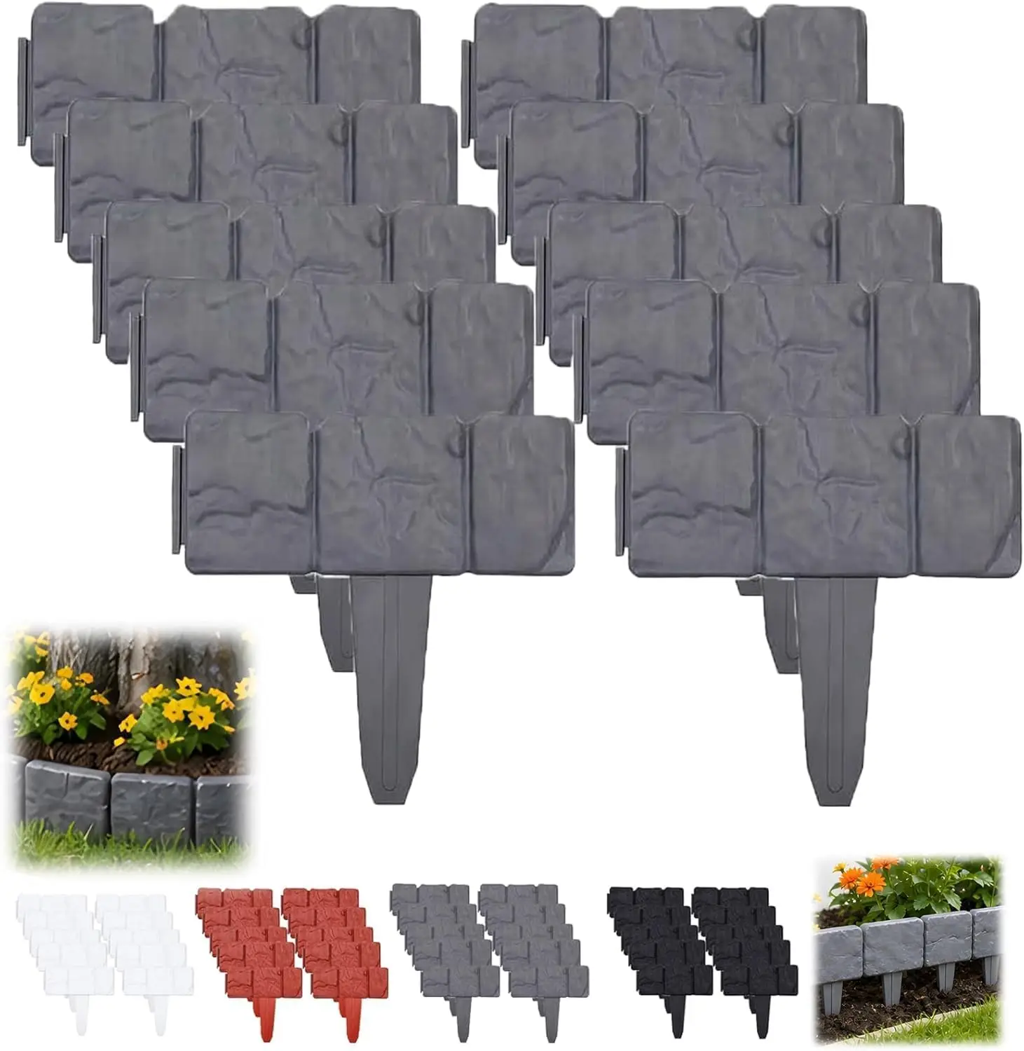 10PCS Plastic Garden Edging Border for Flower Beds, Imitation Stone Fence Panels, Patio Outdoor Barrier Stone-Look Garden Fence