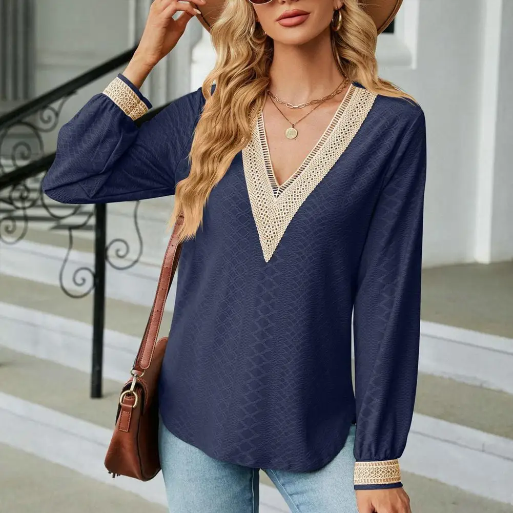 

V Neck Women Top Hollow Out Color Matching Patchwork Loose Pullover Long Sleeve Casual Lady T-shirt Blouse blusa feminina