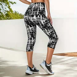 QR33 Women's Summer Capris Elastic Waist Leggings Abstract Plaid Printed Leggings Fitness Breathable Sports Pants