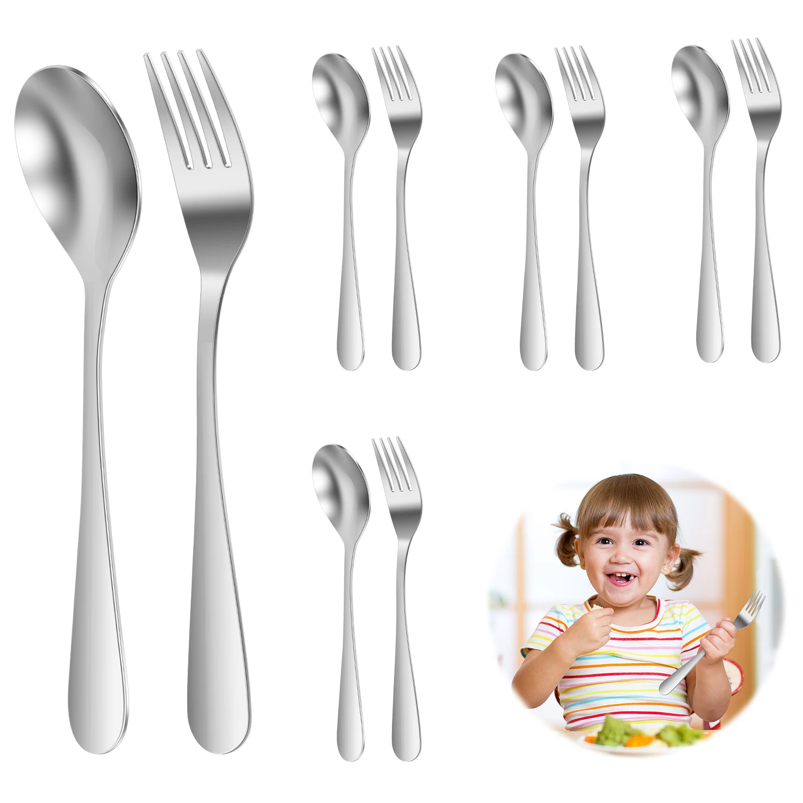 

Набор детской посуды из нержавеющей стали, 10 предметов. Детское серебро премиум-класса. Можно мыть в посудомоечной машине. В комплект входит 5 вилок и 5 ложек с зеркальной полировкой.