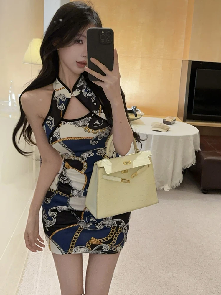 Mini abito sexy da donna con stampa scavata al collo 2025 Abito coreano aderente avvolgente sull'anca Abito estivo elegante da ballo di lusso per festival