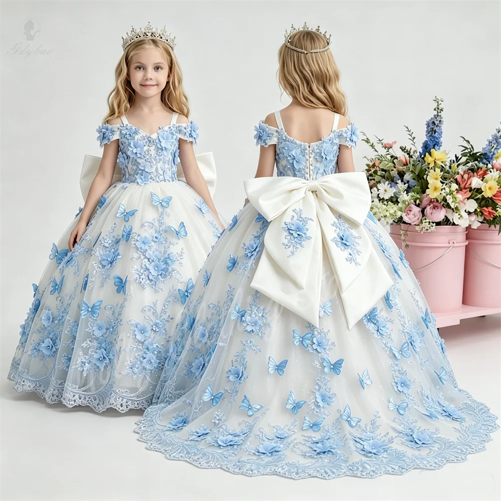 Sky Blue Birthday Girl Dresses Wedding Fluffy Holy Communion Dress Off Shoulder 3D Floral Butterfly Appliqué Kids Ball Gown