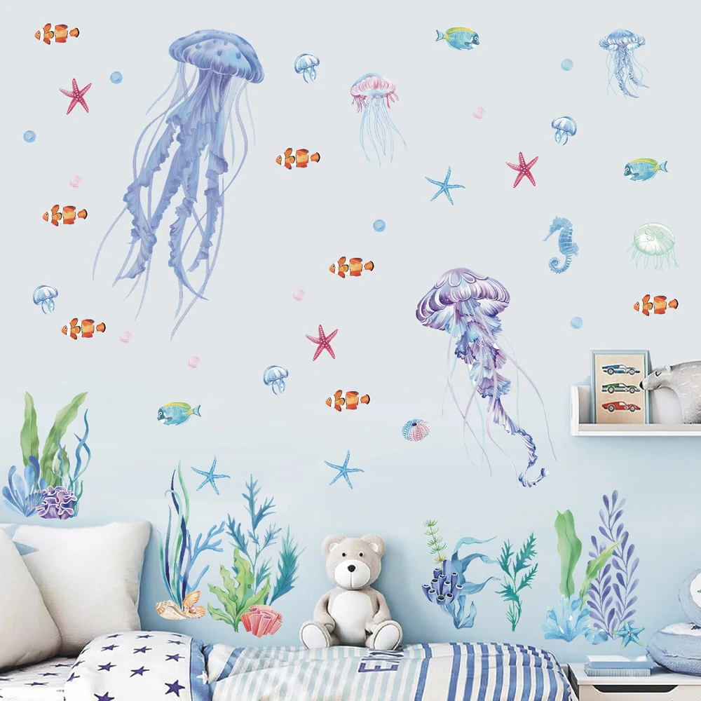 Under The Sea Jellyfish Wall Stickers Ocean Underwater Seaweed Wall Decal  Bathroom Home Wall Decor