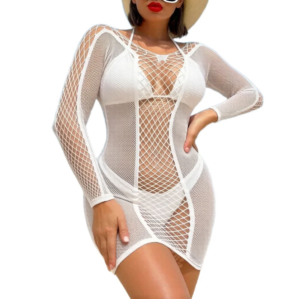 Women White Sexy Dress Fishnet Cover Up Without Bikini Hollow Out See Through Dress Beachwear Summer Nightwear Club Dress