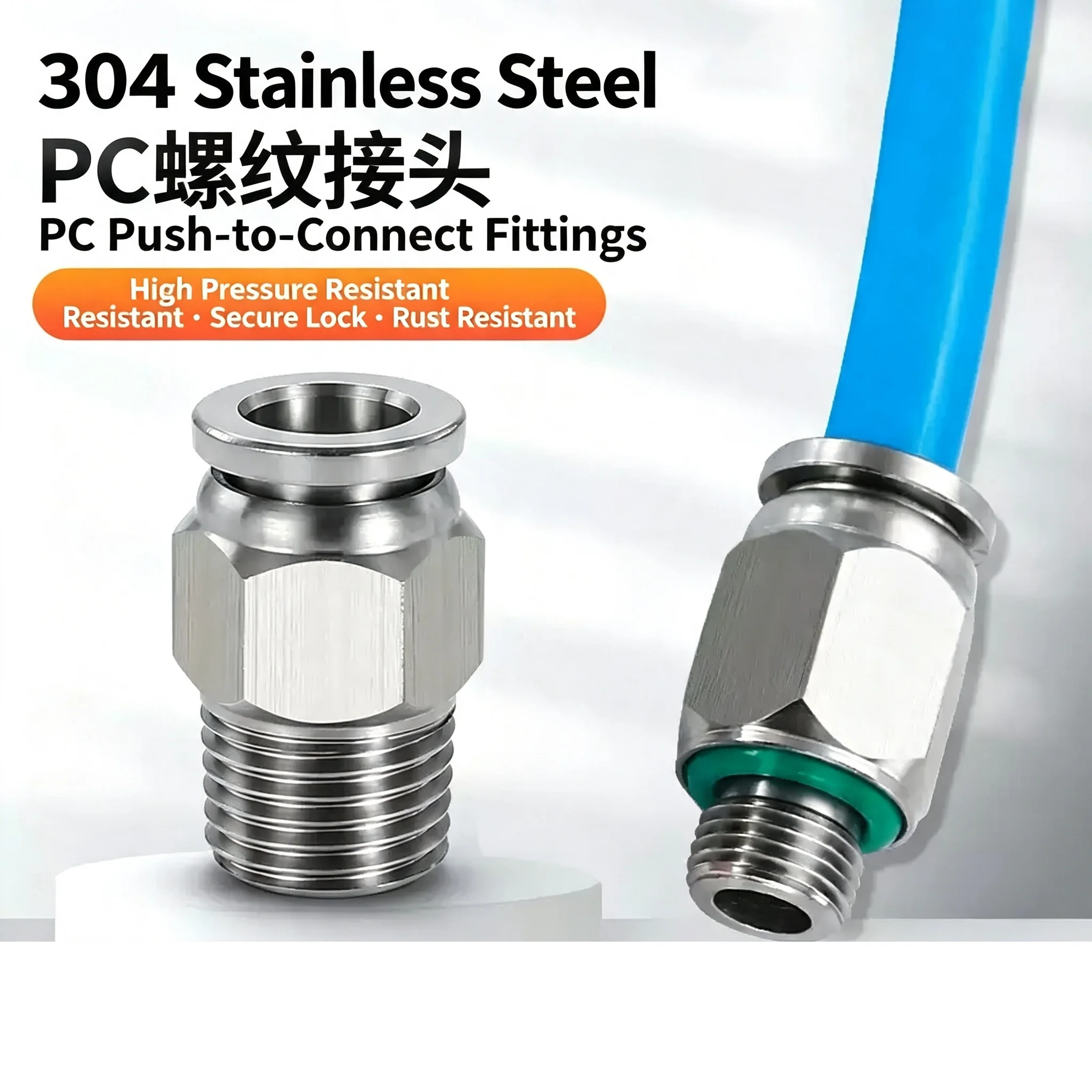 Fittings Male Thread BSPT M5 1/8 1/4 1/2 Push-in Hose Pneumatic Connectors in Various Siz 304 Stainless Steel Quick Coupling Air