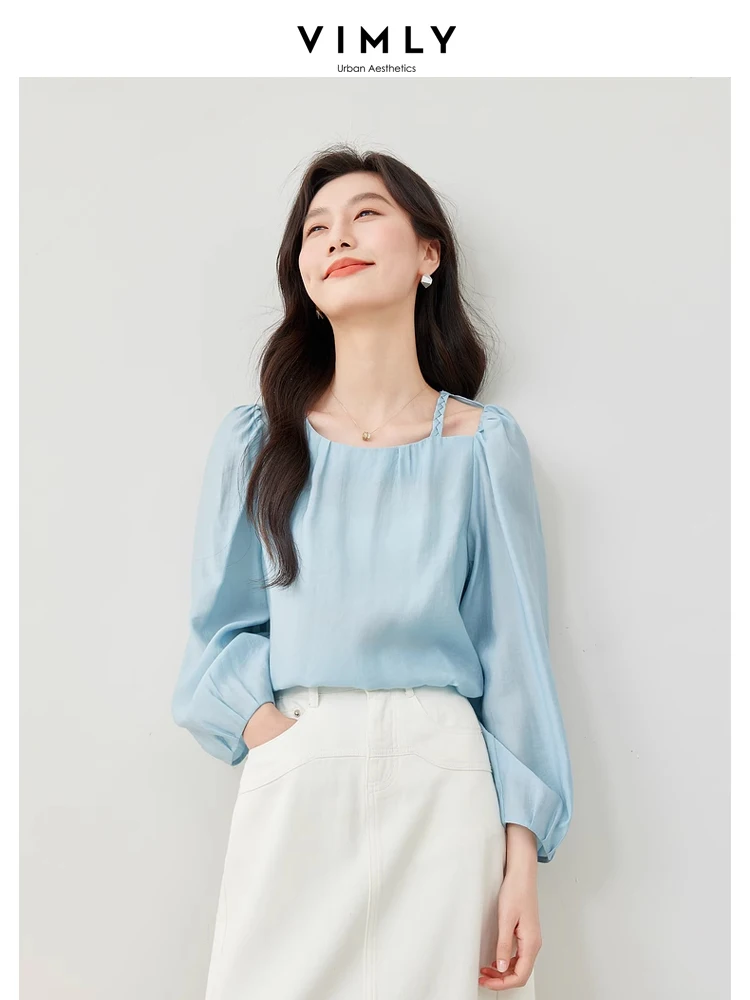 

Vimly O-neck Lyocell Thin Chiffon Shirt Hook Flower Hollow Irregular Hem Women's Blouse 2024 Spring Solid Pullovers Woman M3959