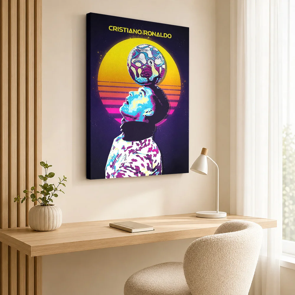 Cristiano Ronaldo Balancing Football Canvas Poster Customized Photo Retro Synthwave Wall Art For Sports Bar, Soccer Fan Gift