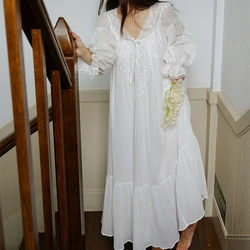 Pure Cotton Night Dress Women Spring Autumn Long Sleeve Lace Vintage Nightgown Victorian Nightdress Home Wear Princess Sleepwear