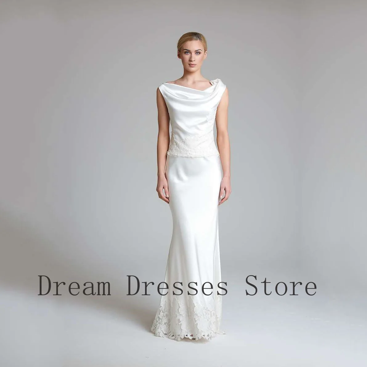 

Customized Simple Charmeuse Lace Pleat Trumpet Off-the-shoulder Long Dresses Bespoke Occasion Dresses Sizes Available Matching