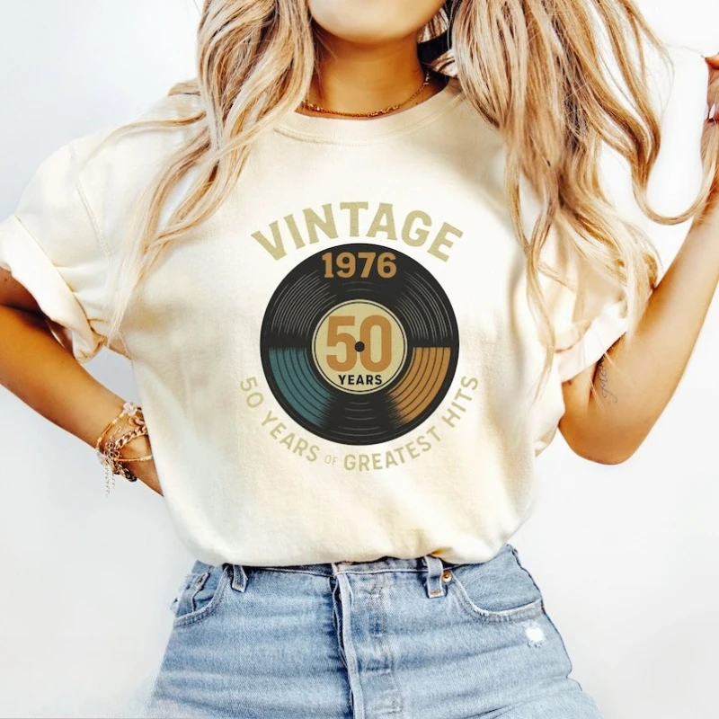 Vintage 1976 Crewneck T-shirt Vinyl Record 50th Birthday Tee Gift for Men's Women's Printed T-shirt Tops Casual Streetwear
