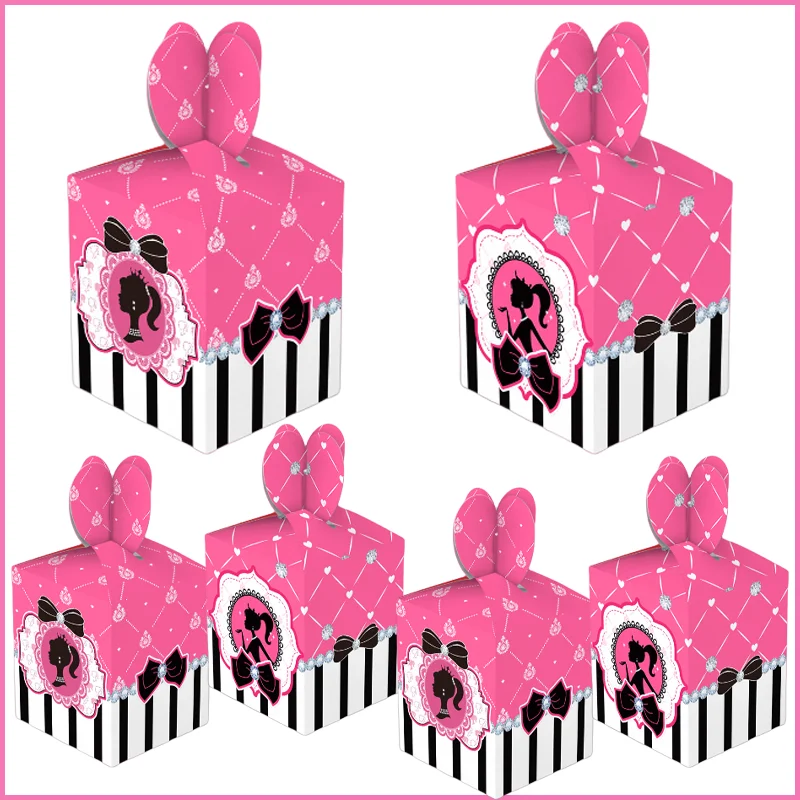 Caja de dulces de dibujos animados de Barbie para niñas, suministros de fiesta de cumpleaños, palomitas de maíz, galletas, aperitivos de Chocolate, cajas de embalaje, decoración de fiesta para niños, 6 piezas