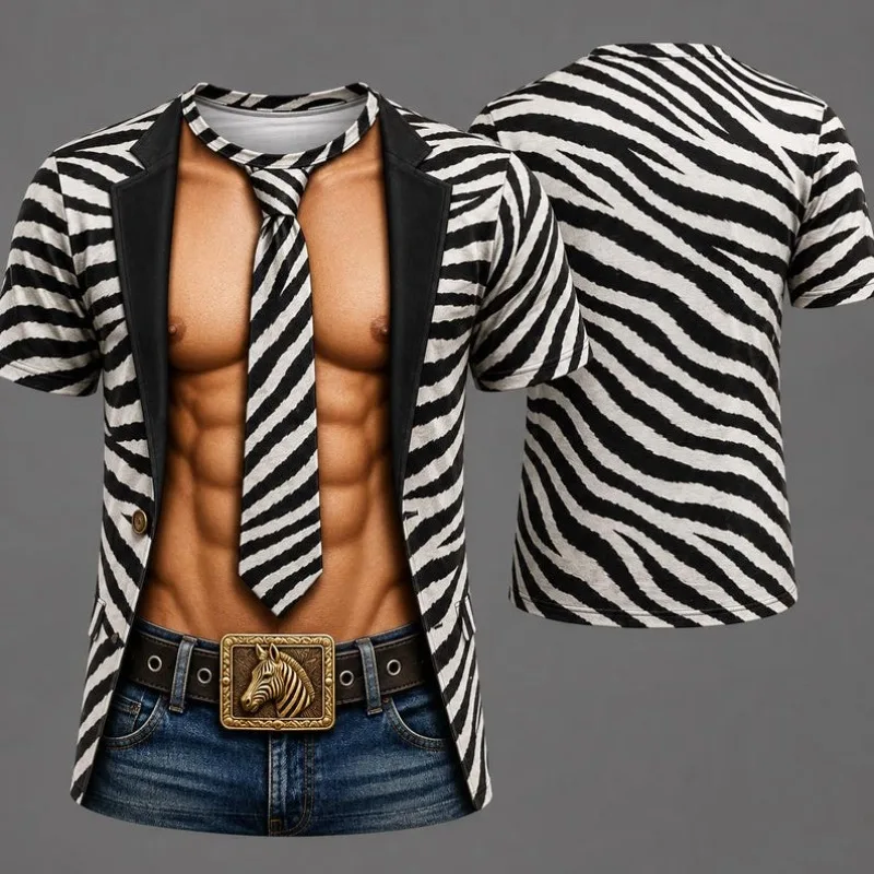 Men Funny 3D Muscle Suit Print T‑Shirt Pattern Blazer Tie Optical Illusion Short Sleeve Tee Summer Cruise Party Graphic T‑Shirts