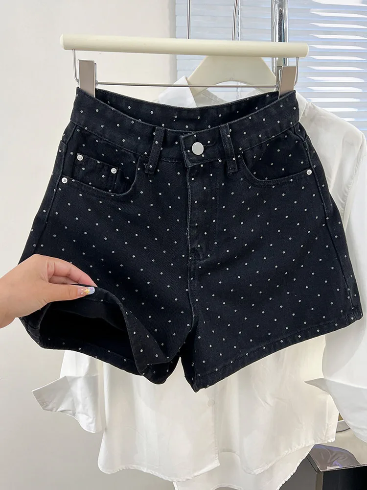 Weibliche Hohe Taille Abnehmen Schwarz Polka Dot Denim Shorts Sommer Neue Stil Vielseitig Breite Beine A-line Hüfte Hot Hosen