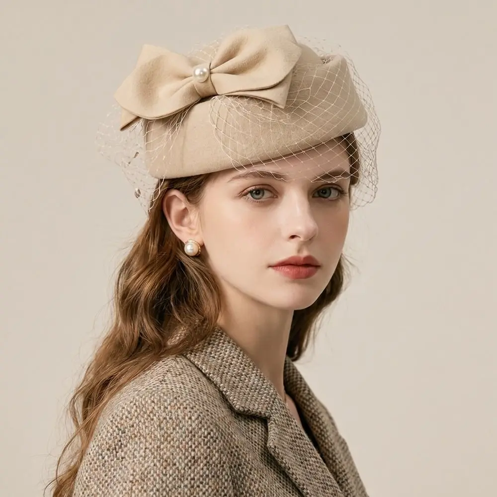 Teardrop Hat French Style Bow Fedora Hat Elegant Pearls Mesh Topper Hat Versatile Teardrop Airline Stewardess Caps Live Show