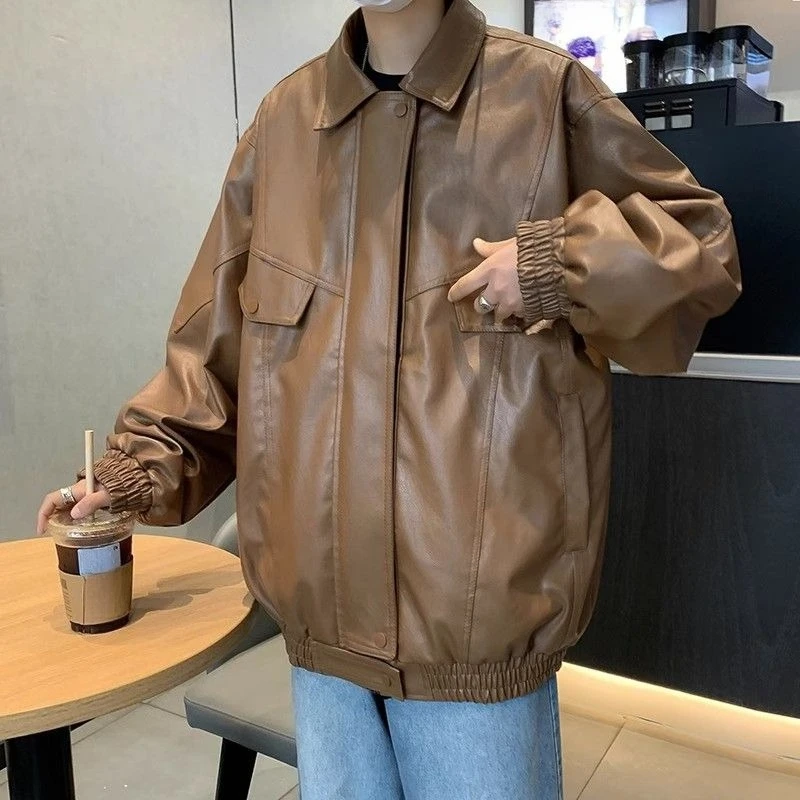 

Men's Premium Motorcycle Jacket Retro Loose Collared Leather Coat American Style Streetwear Edgy Outerwear for Spring Autumn​