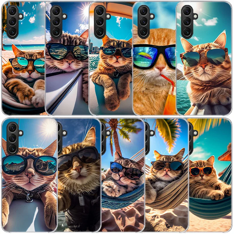 Cute Cat Wearing Sunglasses Clear Phone For Samsung Galaxy A52S A42 A32 A22 A12 A02S A70 A50 A40 A30 A20 A20E A71 A51 A41 A31 A1