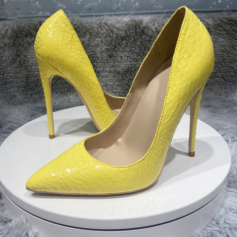 Tikicup Yellow Crocodile Effect Women Pointy Toe High Heel Sexy Party Shoes Ladies Designer Stiletto Pumps Plus Size 33 44 45