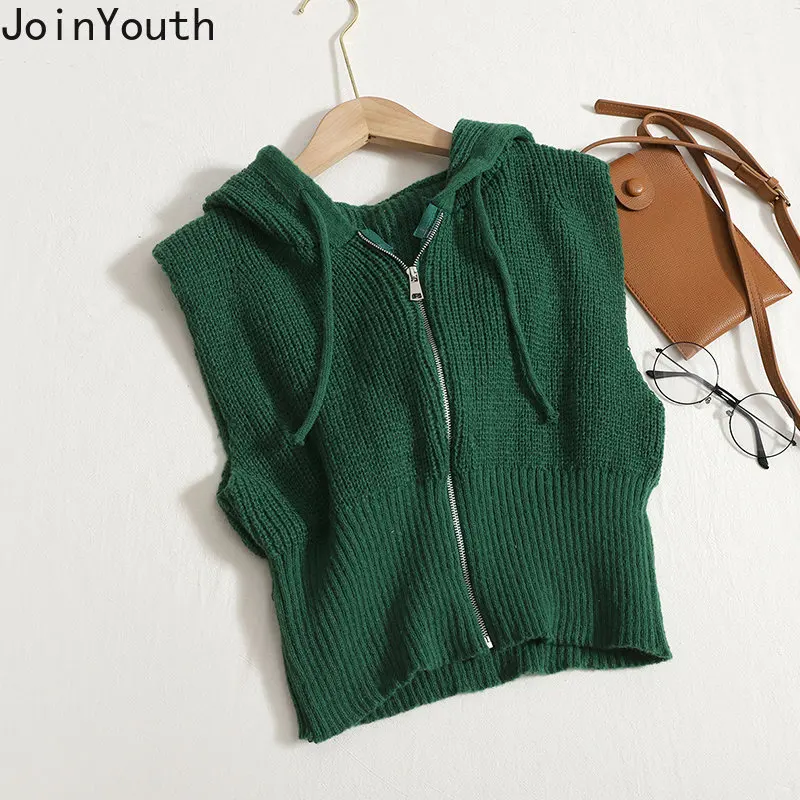 Fashion Crop Tops Knit Sweater Vest Women Zipper Hooded Sleeveless Cardigan Waistcoat Y2k Clothes Korean Casual Tanks Jackets