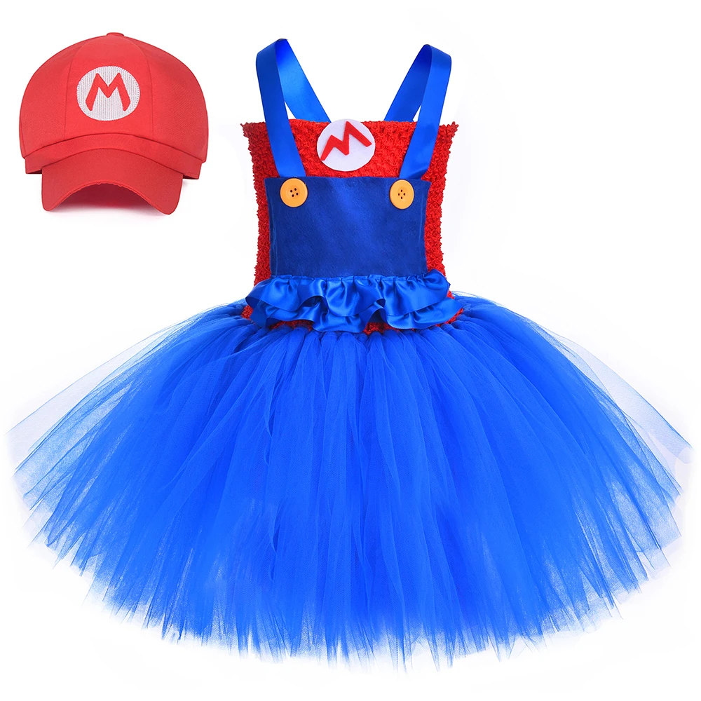 

Super Bros Costume for Girls Halloween Party Dresses Kids Anime Cartoon Cosplay Clothes Children Fancy Tutu Dress with Hat Beard