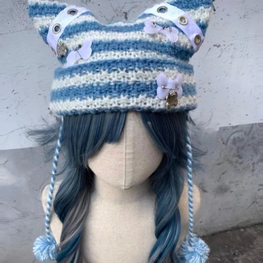 Y2k ثقافة فرعية فتاة قبعة Harajuku أرنب الأذن قبعات القوطية الشرير Kawaii الخريف 2025 الدافئة شريط نمط قبعة الدفء قبعة 2025