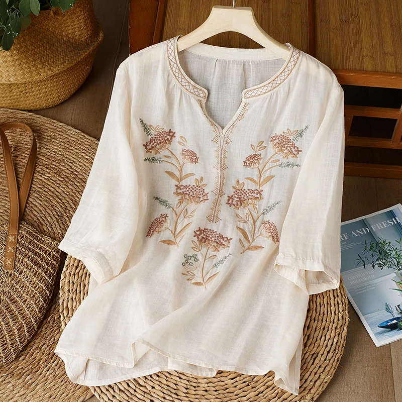 Embroidery Chinese Style Women Blouses Summer Cotto Linen Tops Loose Short Sleeve Clothing Sales V-neck Korean Women's Shirts