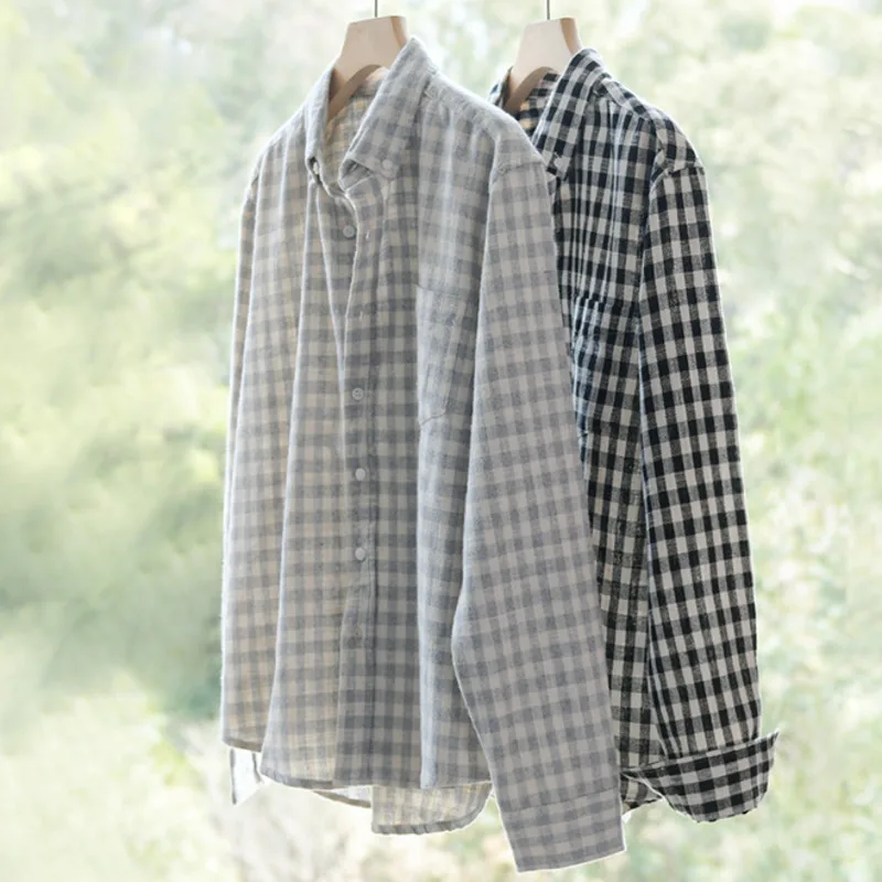 

Men Brushed Plaid Long Sleeve Shirt with Chest Pocket Spring Summer Casual Square Collar Breathable Shirts Man Holiday Beachwear