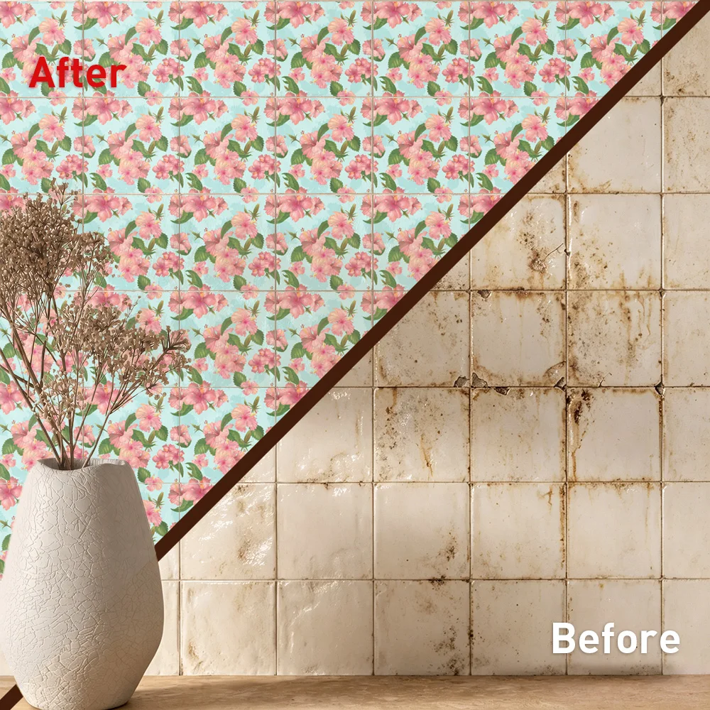 Pink Hibiscus Tile Stickers Waterproof Peel and Stick Self Adhesive Oil Proof Backsplash Decals Floral Wallpaper for Beach Decor