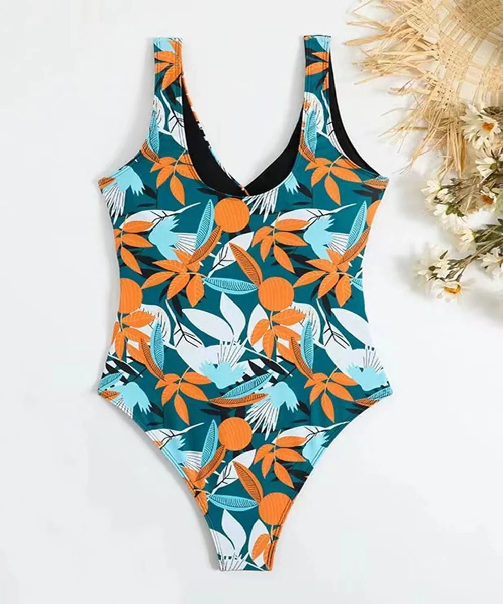 Sexy Print Swimwear Women Patchwork One Piece Swimsuit 2024 Sport V-neck Backless High Waist Bathing Suit Women Beach Wear Swim