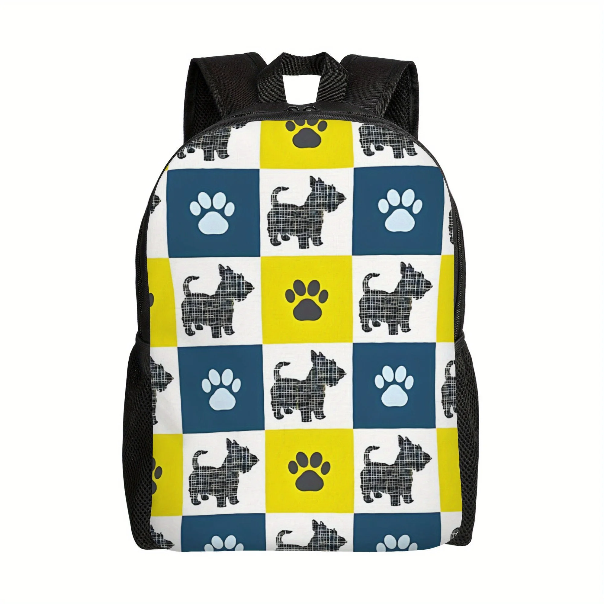 

1 шт., сезон «Снова в школу», крутой шотландский терьер, собачья лапа, повторяющаяся синяя, желтая сетка, школьный рюкзак, школьная застежка-молния, офис