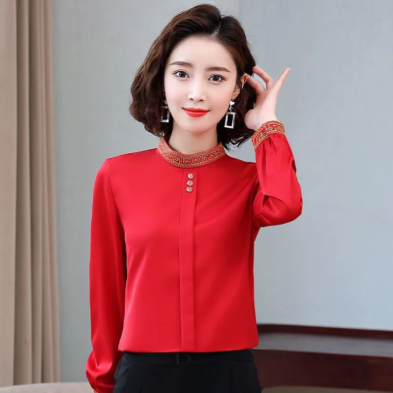 Chiffon Women's Long-sleeved Base Shirt Embroidered Top Fashionable Temperament High-end Shirt