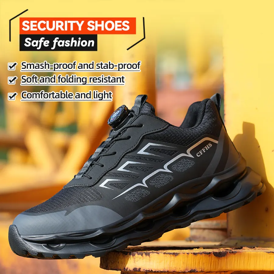 Rotating Button CE Certified Steel Toe Security Shoes Men, Kevlar-Midsole Non Slip Lightweight Breathable for Outdoor Workers