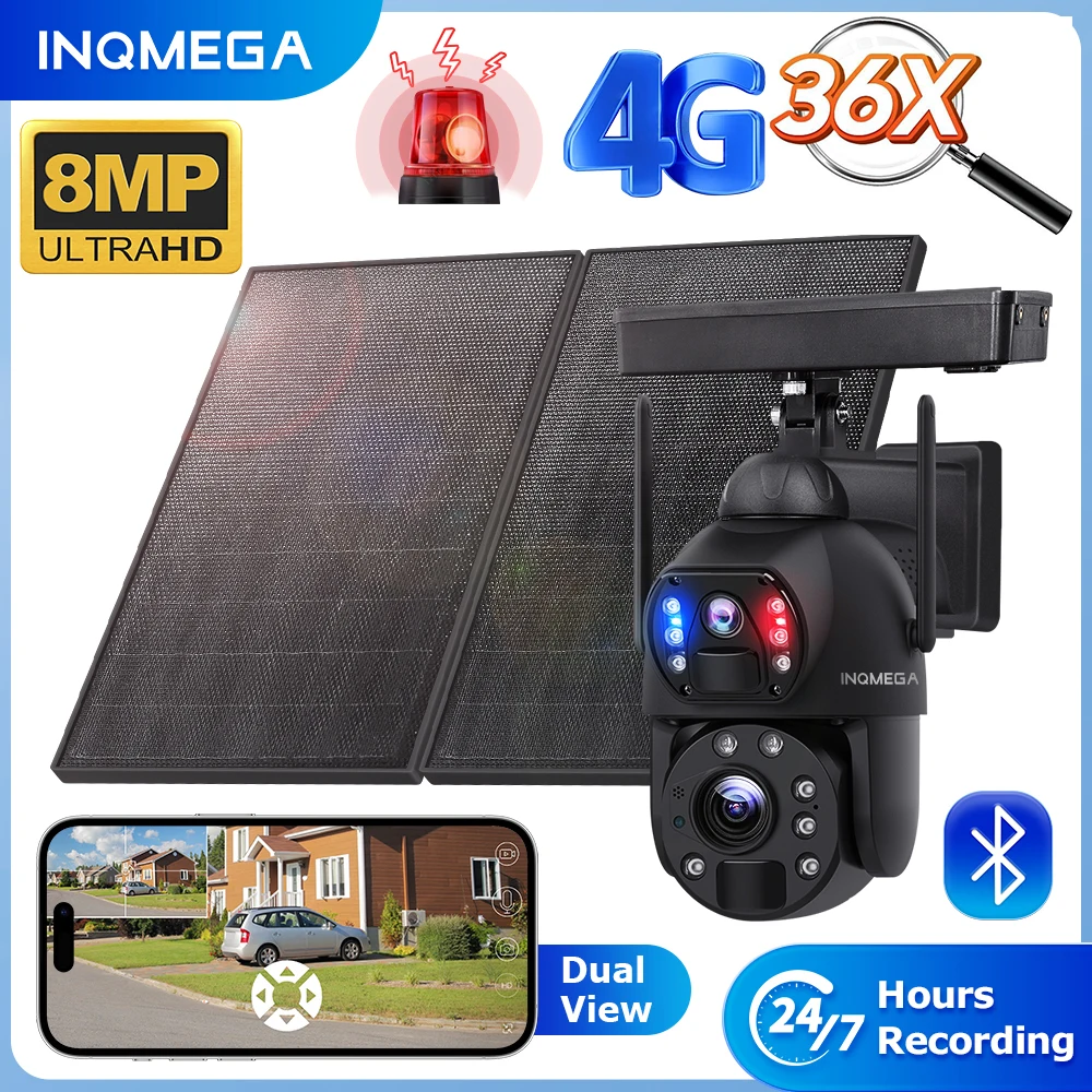 

INQMEGA 20W Solar Panel 4K 8M 36X Zoom 4G SIM Solar Camera 24 Hour Recording Wifi Dual Al PIR Human Detection Metal Smart Cam