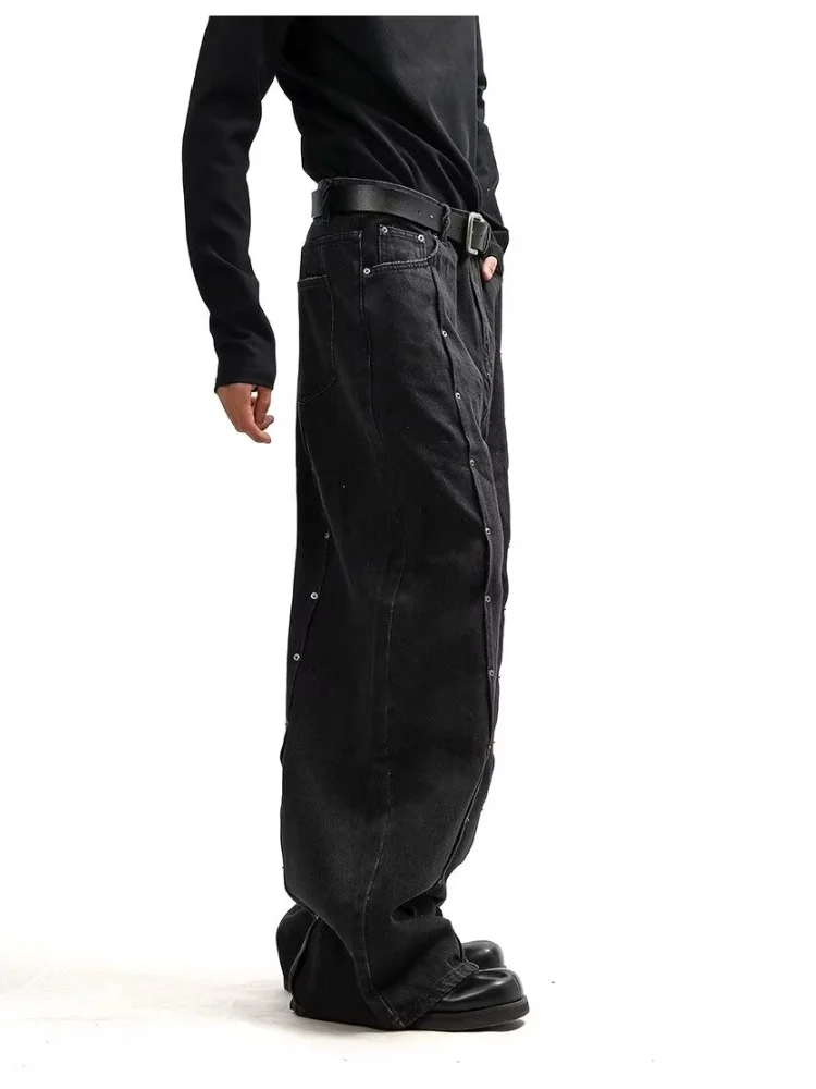 2025 Ropa Y2K نمط برشام تصميم مطوي أسود فضفاض الجينز السراويل للرجال الملابس واسعة الساق مستقيم طويل بنطلون بنطلونات أوم #4