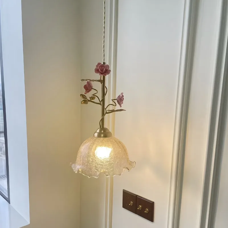 French Countryside Bedsides Pendant Lamps Study Entrance Rose Blossom Atmosphere Glass Bar Counter Small LED Hanging Chandeliers